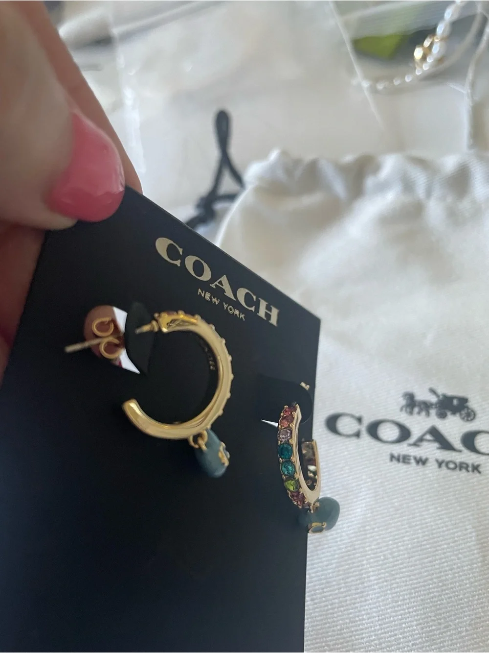 COACH Gold Hoop Earrings with Blue Heart and Multicolor Crystals - Picture 3 of 7
